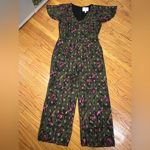 Anthropologie Ett Twa Brenda Jumpsuit Green Gold Floral Flutter Sleeve Size 8 - Picture 13 of 16